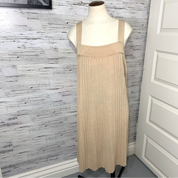 Gold Metallic Pleated Midi Dress Tight Knit Festive Relax fit Shoulder Staps L - Picture 4 of 8